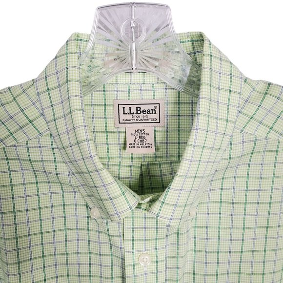 LL Bean Mens Sz L Shirt Wrinkle Resistant Button Down Collar Cotton Plaid Green - Picture 6 of 7